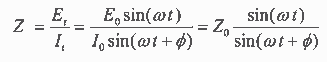 一个类似与欧姆定律的表达可以计算出系统的阻抗，如式5所示。因此，阻抗大小与Zo和Φ有关。