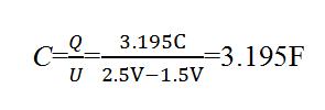 计算得到在1.5V和2.5V之间的电荷为3.195C。利用公式1，可以计算装置的电容值：