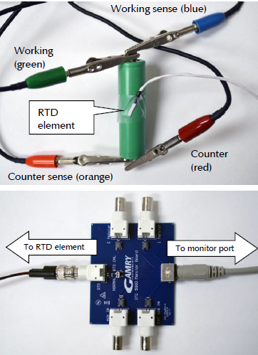 电解池缆线连接到电池（上图）和监控基板（下图）